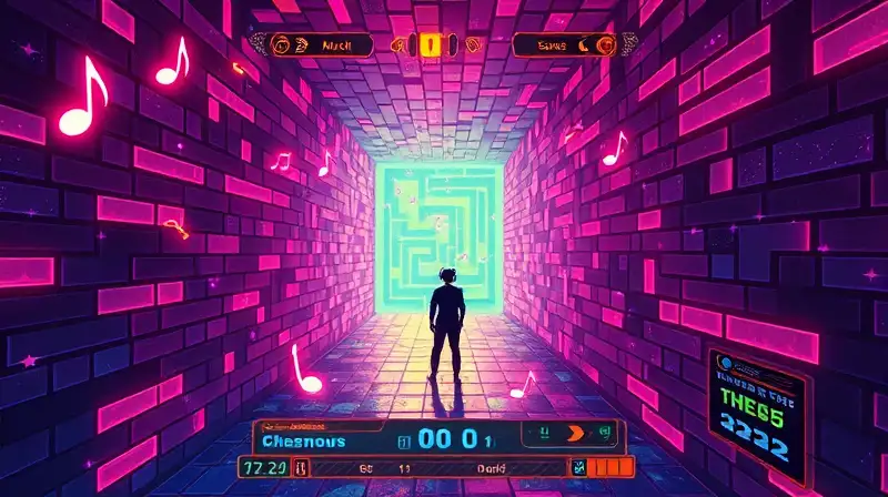 Jugador en laberinto musical retro inmersivo