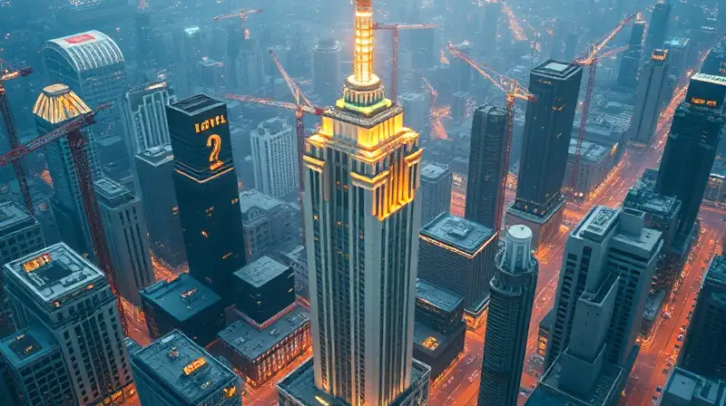 Ciudad futurista con ayuntamiento iluminado