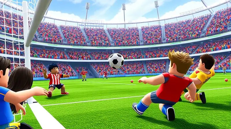 Personajes Roblox juegan fútbol en estadio vibrante