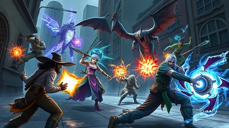 Batalla fantástica con cazadores y monstruos vibrantes
