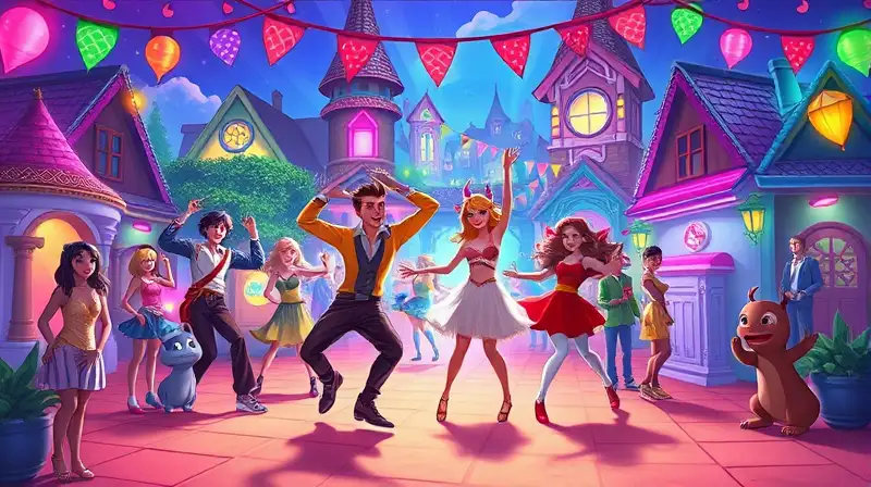 Personajes bailan felices en pueblo colorido