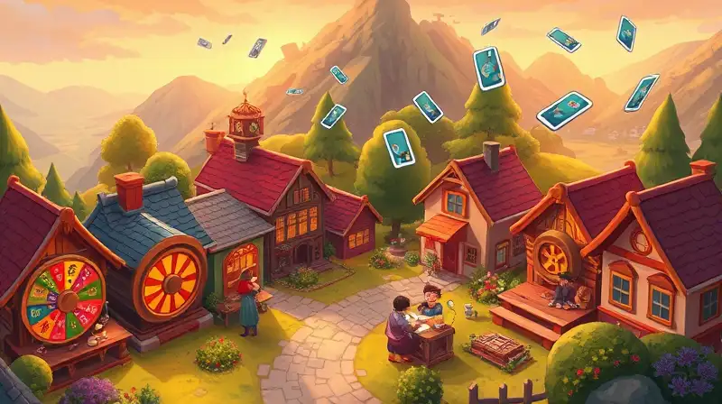 Aldea animada con juegos y atardecer cálido