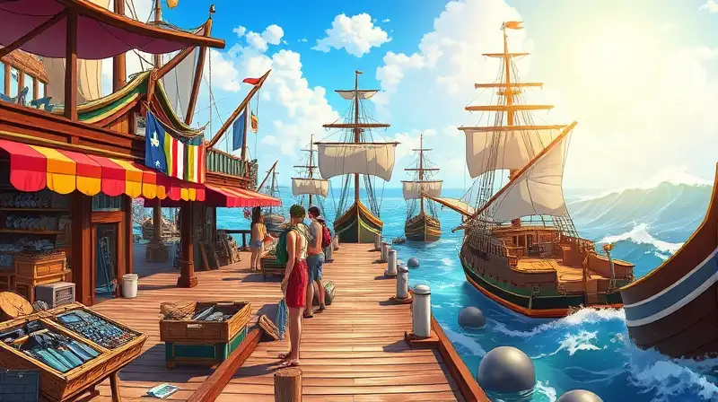 Puerto pirata animado con personajes y barcos