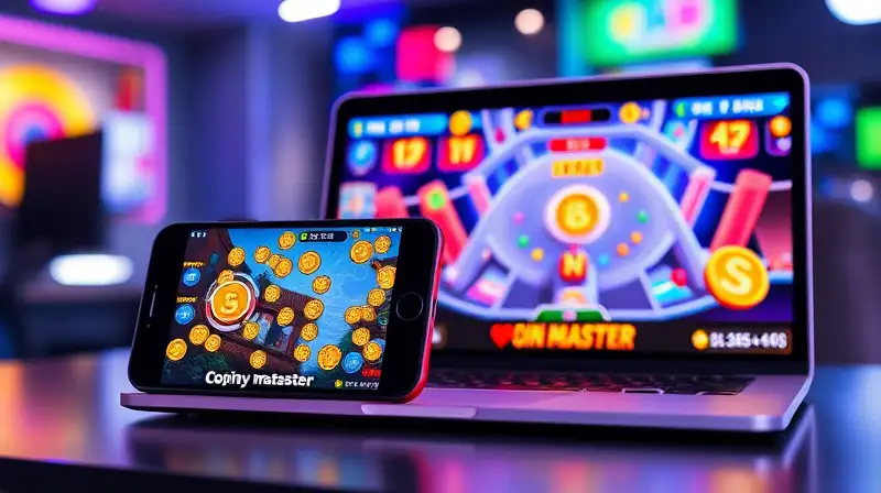 Smartphone y laptop muestran juego Coin Master