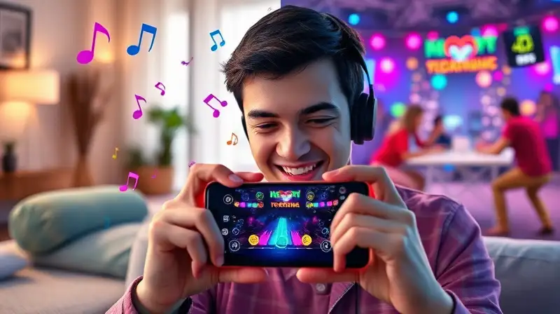 Persona juega ritmo móvil en ambiente vivo