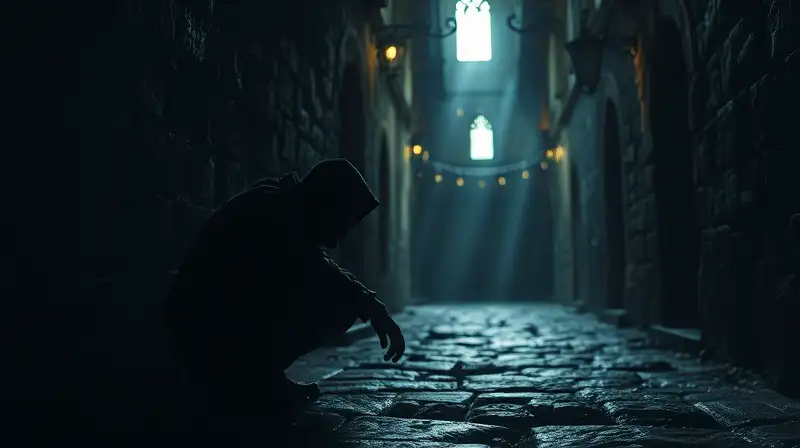 Personaje sigiloso en callejón medieval oscuro