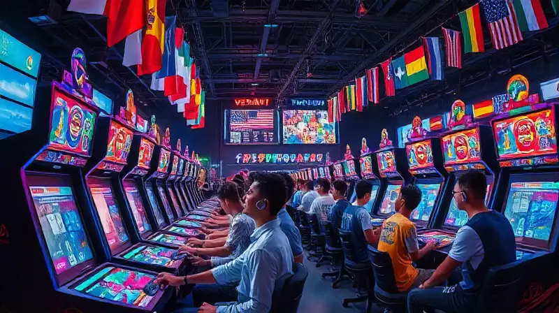 Torneo arcade internacional con energía vibrante
