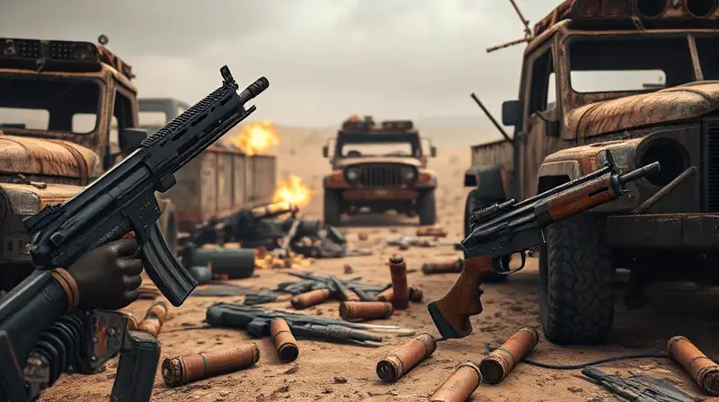 Armas oxidadas y vehículos en paisaje postapocalíptico