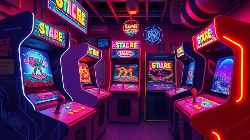 Máquinas arcade retro con arte pixelado y neón