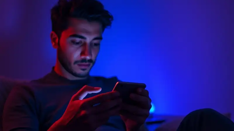 Persona leyendo móvil brillante en ambiente acogedor
