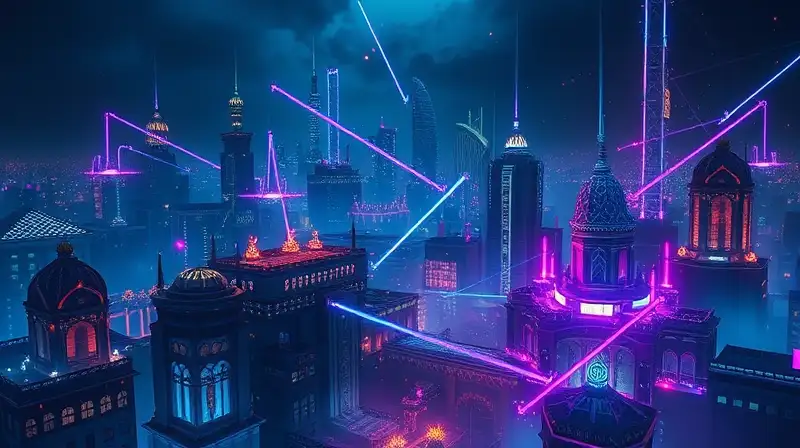 Ciudad fantástica nocturna con magia vibrante