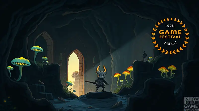 Personaje de Hollow Knight explora ruinas oscuras