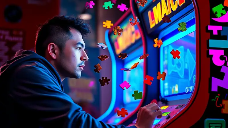 Jugador concentrado en arcade con luces neon
