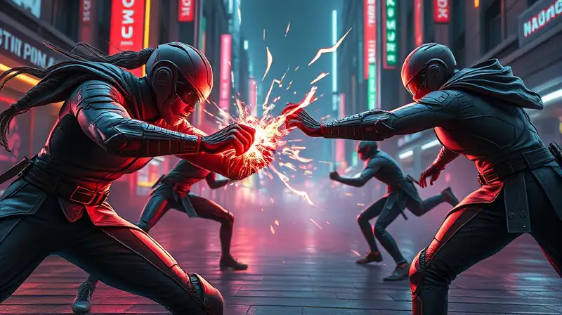 Guerreros futuristas combaten en ciudad neón