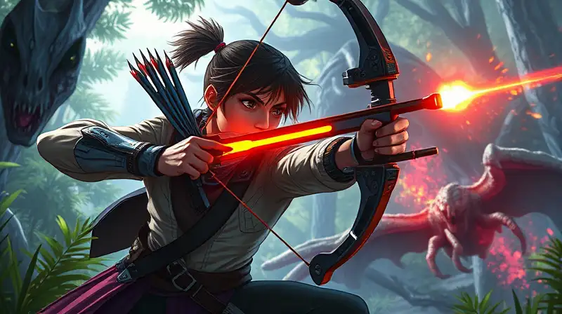 Cazador futurista en combate en entorno fantástico