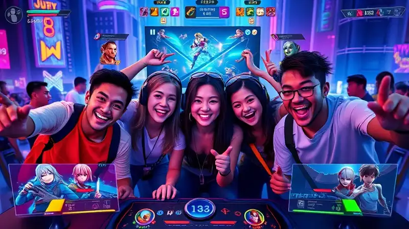 Jugadores emocionados en vibrante juego futurista