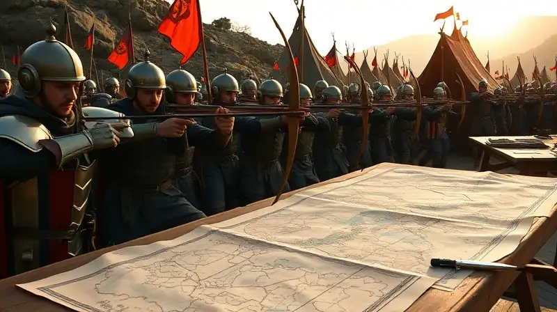 Campamento medieval con entrenamiento militar estratégico