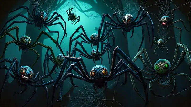 Arañas fantásticas en bosque oscuro y tenebroso