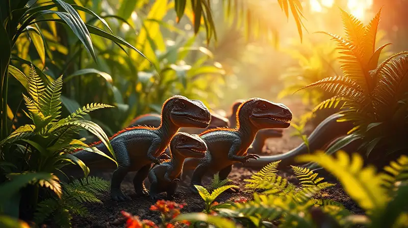 Dinosaurios bebés crecen en jungla vibrante