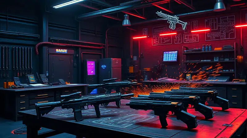 Taller futurista con armas brillantes y tecnología