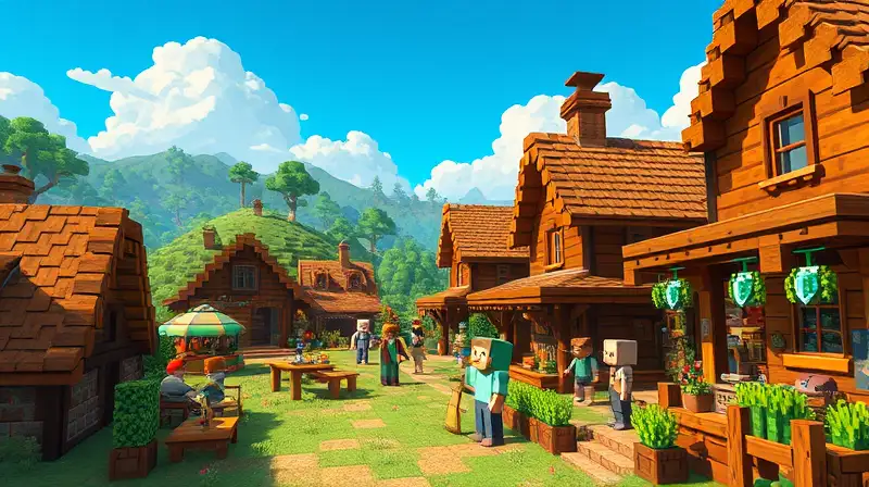 Aldea Minecraft vibrante con mercado y granjas