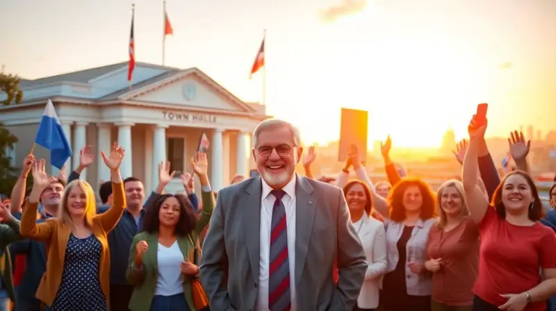 Alcalde triunfante frente a ciudadanos celebrando