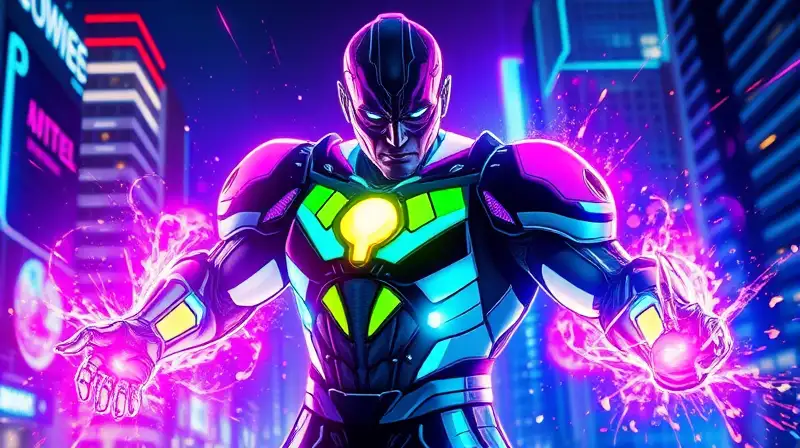 Superhéroe multicolor en ciudad futurista