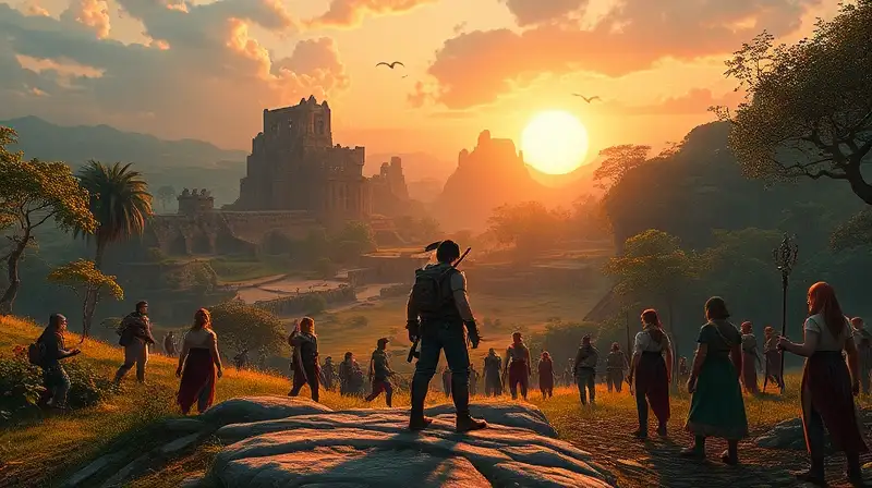 Aventurero explora mundo fantástico al atardecer