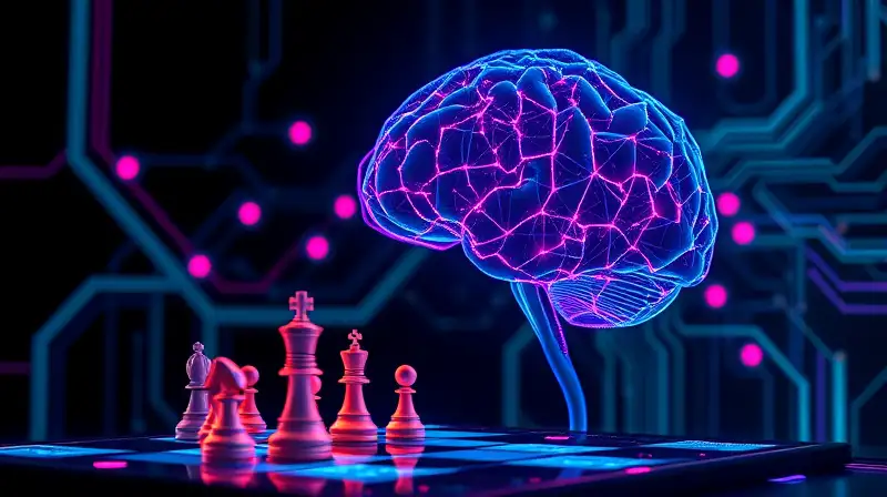 Cerebro AI futurista con ajedrez y energía
