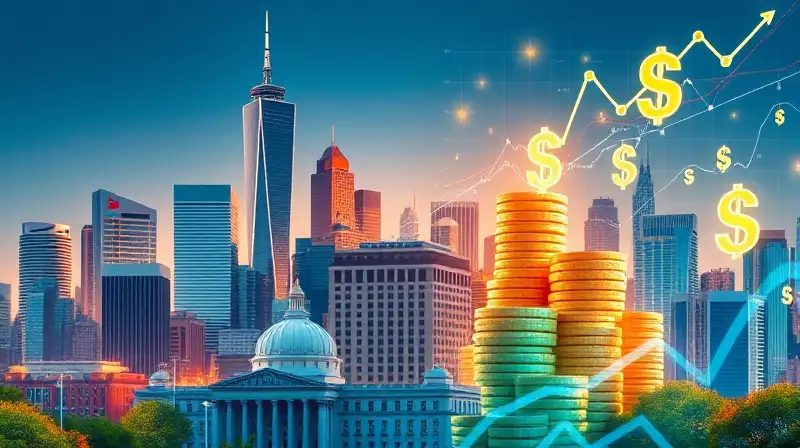 Ciudad financiera moderna con símbolos económicos