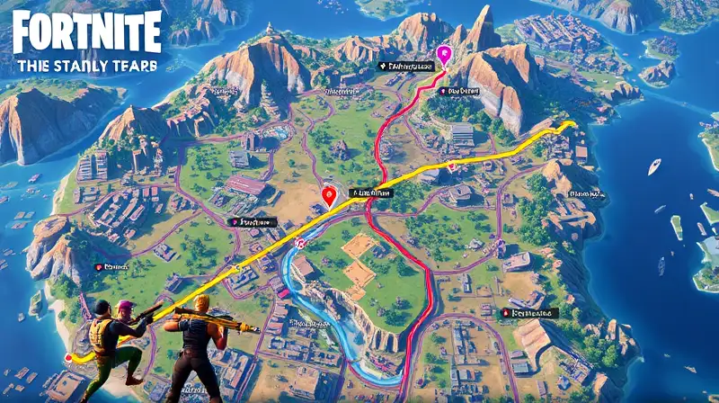 Mapa de Fortnite con rutas y acción