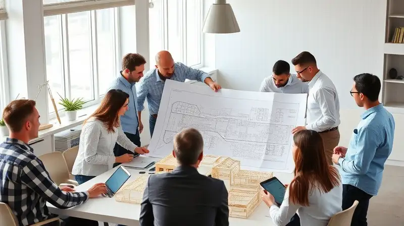 Equipo diverso colabora en planos arquitectónicos modernos