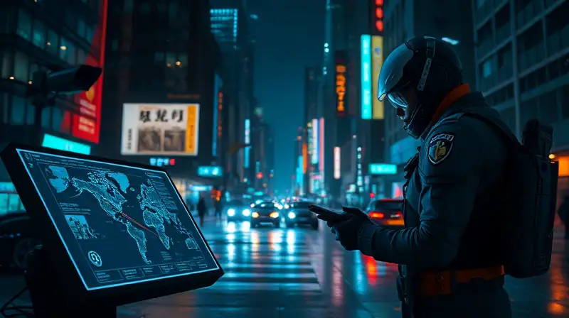 Agentes tácticos planifican en ciudad futurista nocturna