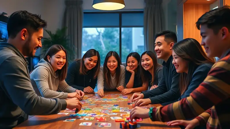 Grupo diverso juega puzzles en sala acogedora