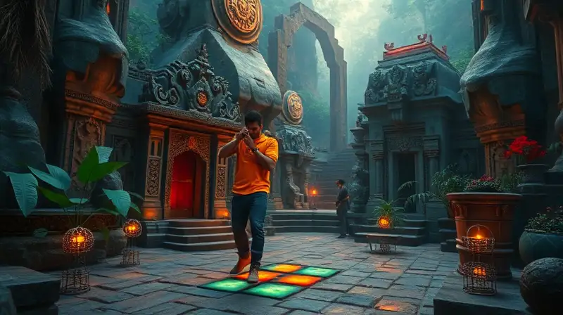 Templo antiguo, jugador, NPC, puzzle y jungla