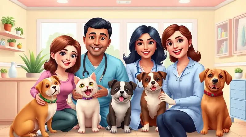 Familia feliz cuida mascotas en hogar cálido