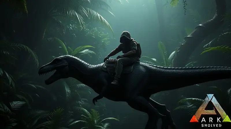 Jugador sigiloso monta dinosaurio en jungla