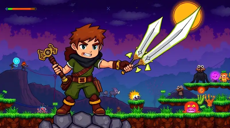 Armas RPG en vibrante batalla pixelada