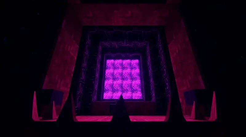 Portal de Minecraft brillante con ambiente oscuro