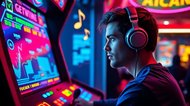 Jugador concentrado en juego arcade colorido