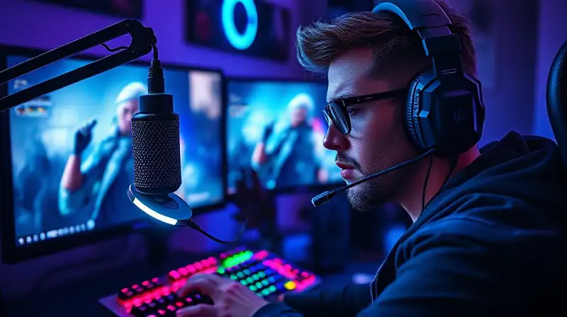Streamer con equipo futurista y luces LED