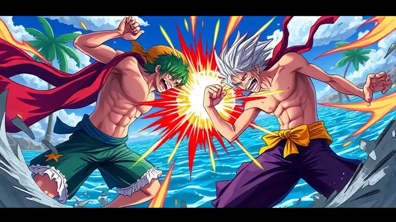 Batalla épica anime en isla tropical