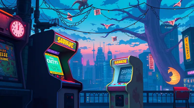 Gabinete arcade mágico con luces vibrantes