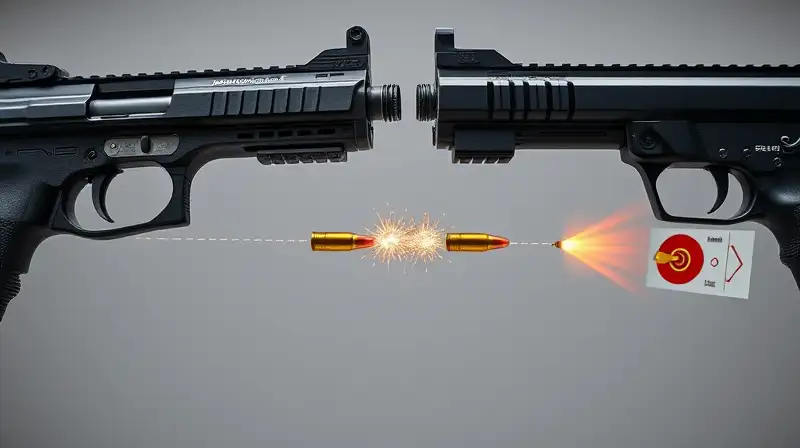 Primer plano de armas y trayectorias balísticas