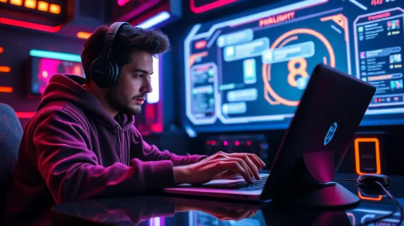 Gamer concentrado con luces neón futuristas