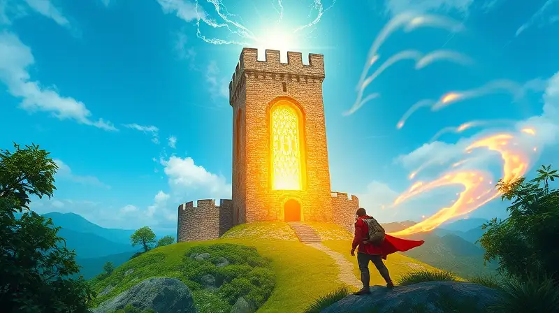 Torre medieval brillante sobre paisaje verde