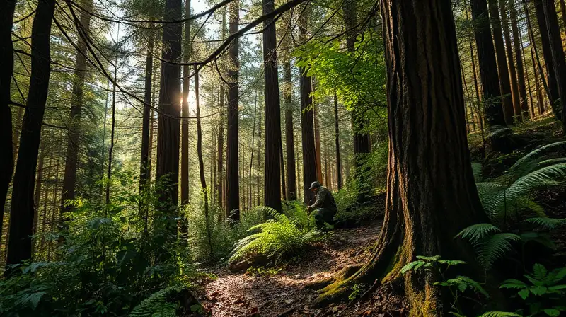 Bosque denso con cazador camuflado y sombras