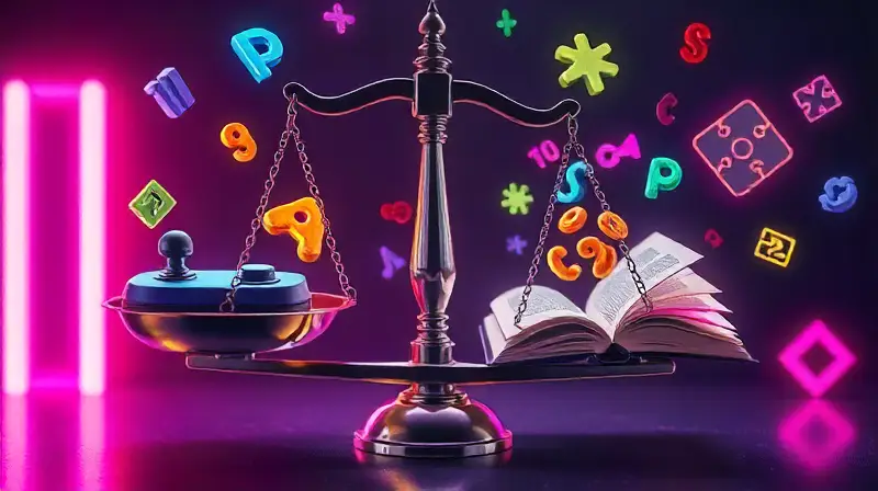 Balanza colorida con joystick y libro abierto