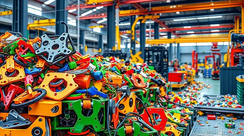 Partes recicladas ensamblan tecnología ecofuturista vibrante