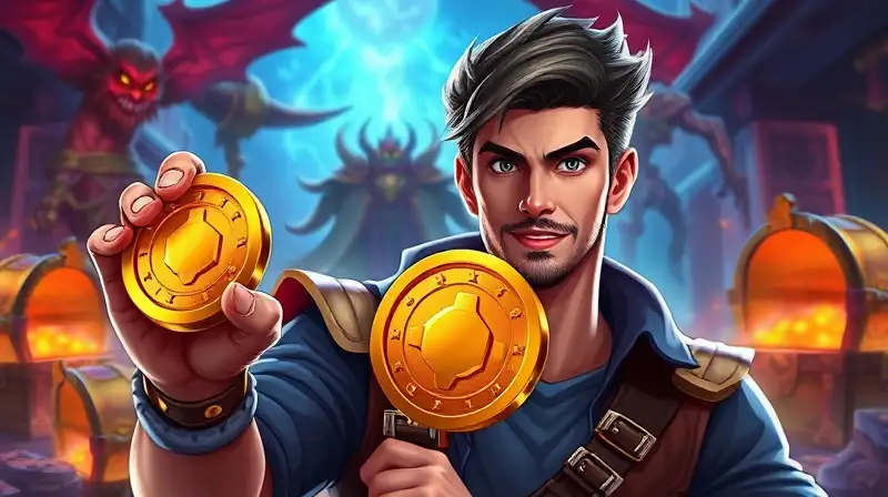 Gamer confiado en batalla con monedas brillantes